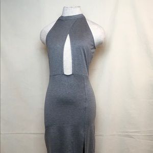 Grey dress with deep v Neckline size large fitted